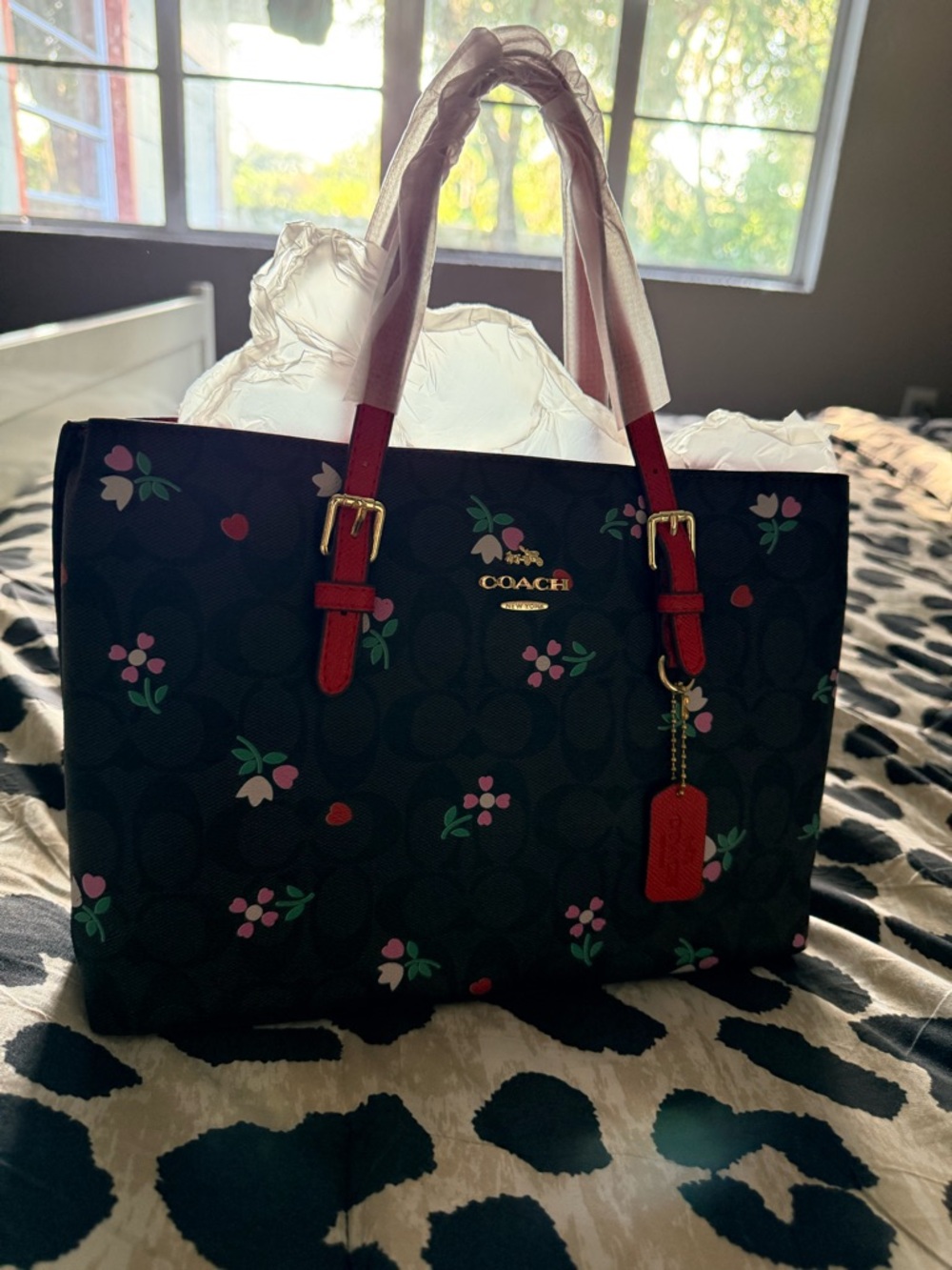 COACH Black Floral Signature Tote with Red Trim